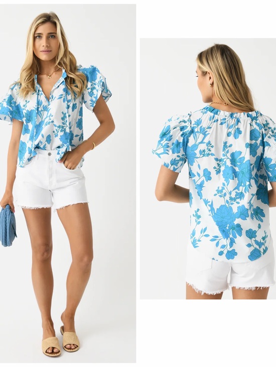 Misa Los Angeles Tops - Misa Los Angeles Surpana White Blouse with Sky Blue Floral Print